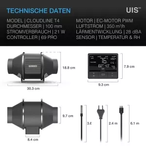 AC Infinity Inc. CLOUDLINE PRO T4, leises Inline-Lüftersystem mit Temperatur- und Feuchtigkeitssteuerung, 100 mm